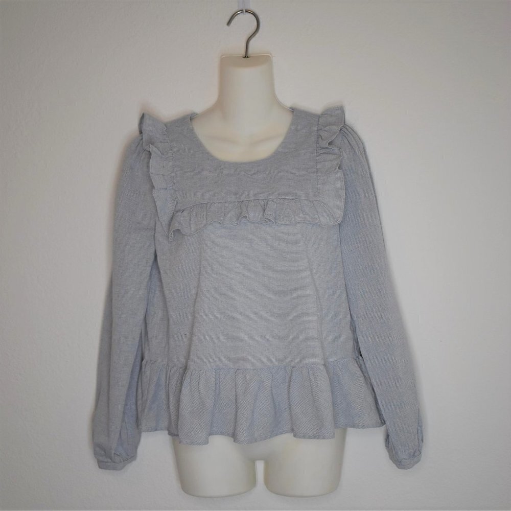 Mo:vint 100% Cotton Blouse Sz M Ruffle Peplum Relaxed Crop Cottagecore Peasant